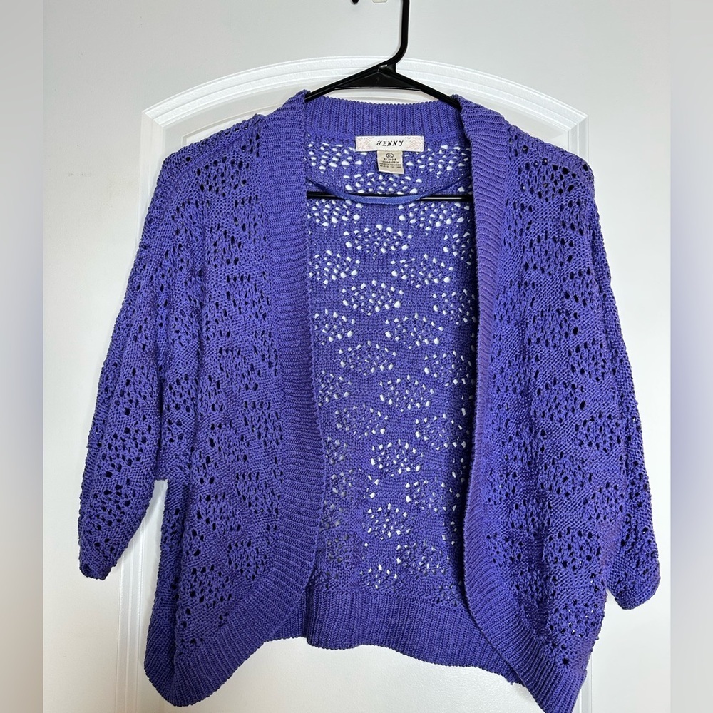 Jenny Purple Open Knit Cardigan 100% Cotton Lightweight Boho Layer Size L - Picture 5 of 6